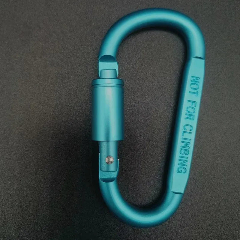 D-type aluminium climbing carabiner with screw-lock gate in bright black colour, 8cm flat design