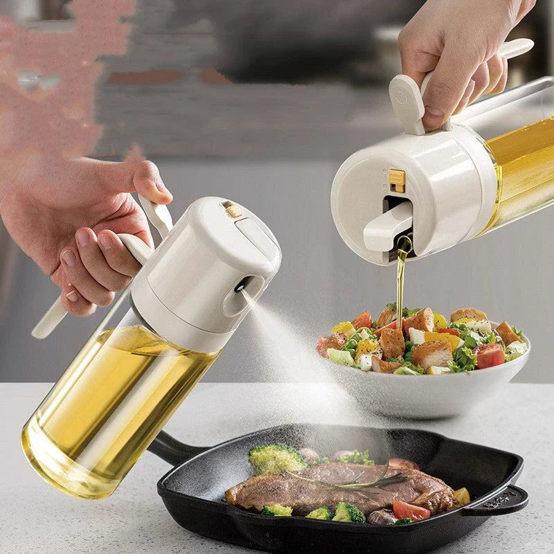 Versatile oil sprayer and pourer made of sturdy soda-lime glass, with automatic opening and closing mechanism for one-handed operation and dual spraying and pouring functions