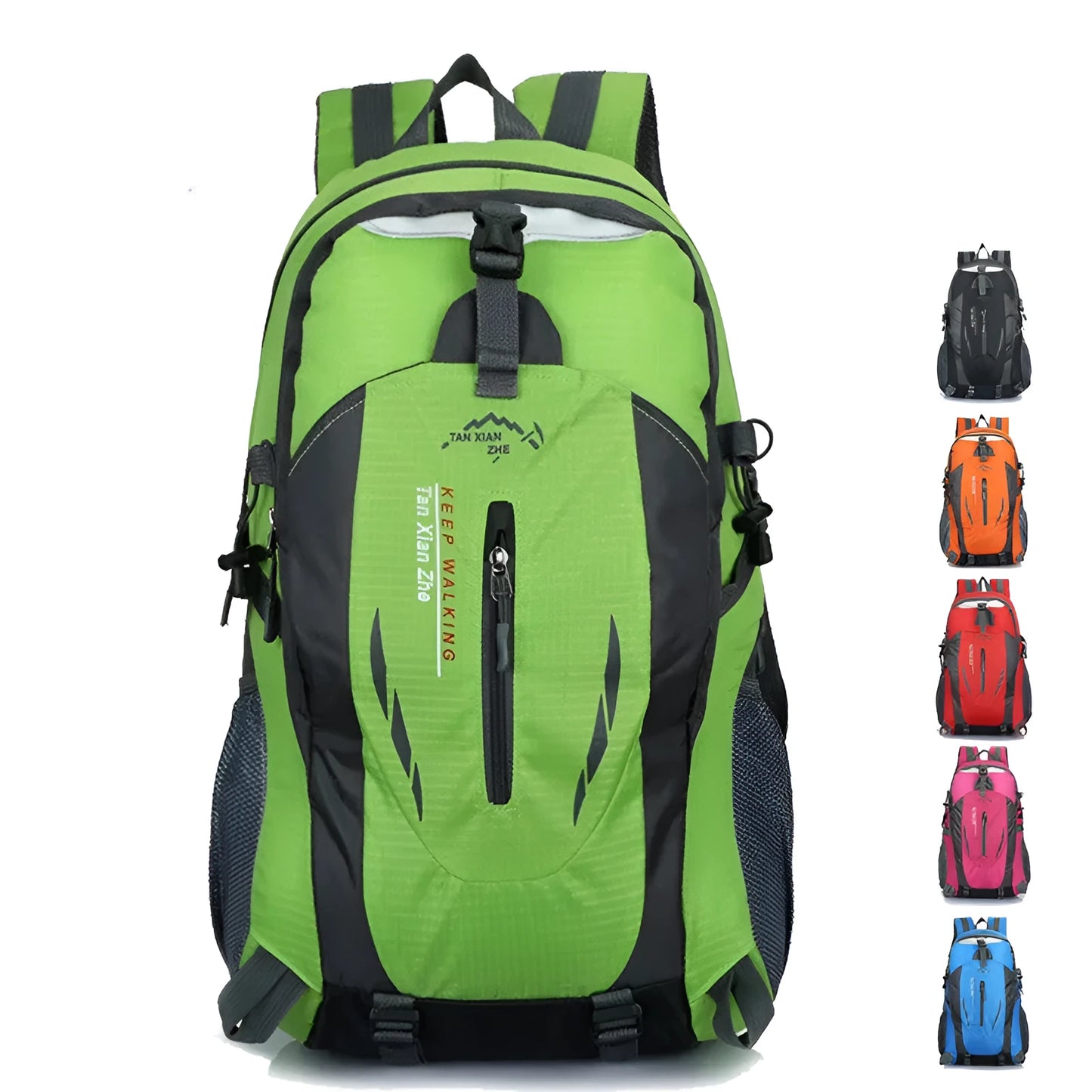 Large red outdoor travel backpack made of oxford cloth, showing front compartments and carrying straps.