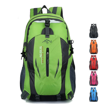 Large red outdoor travel backpack made of oxford cloth, showing front compartments and carrying straps.