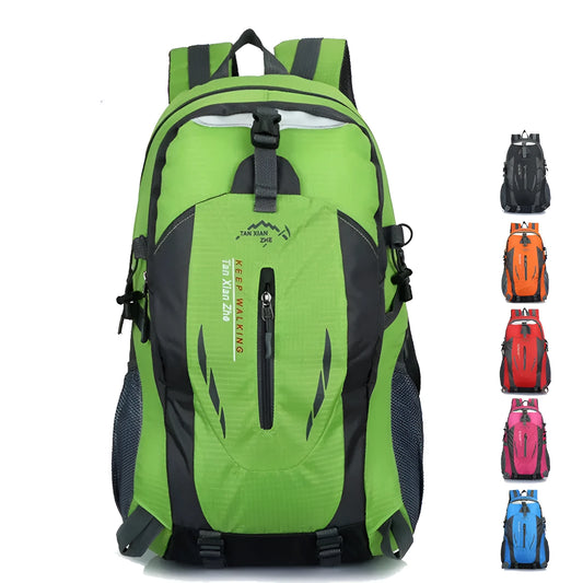 Large red outdoor travel backpack made of oxford cloth, showing front compartments and carrying straps.