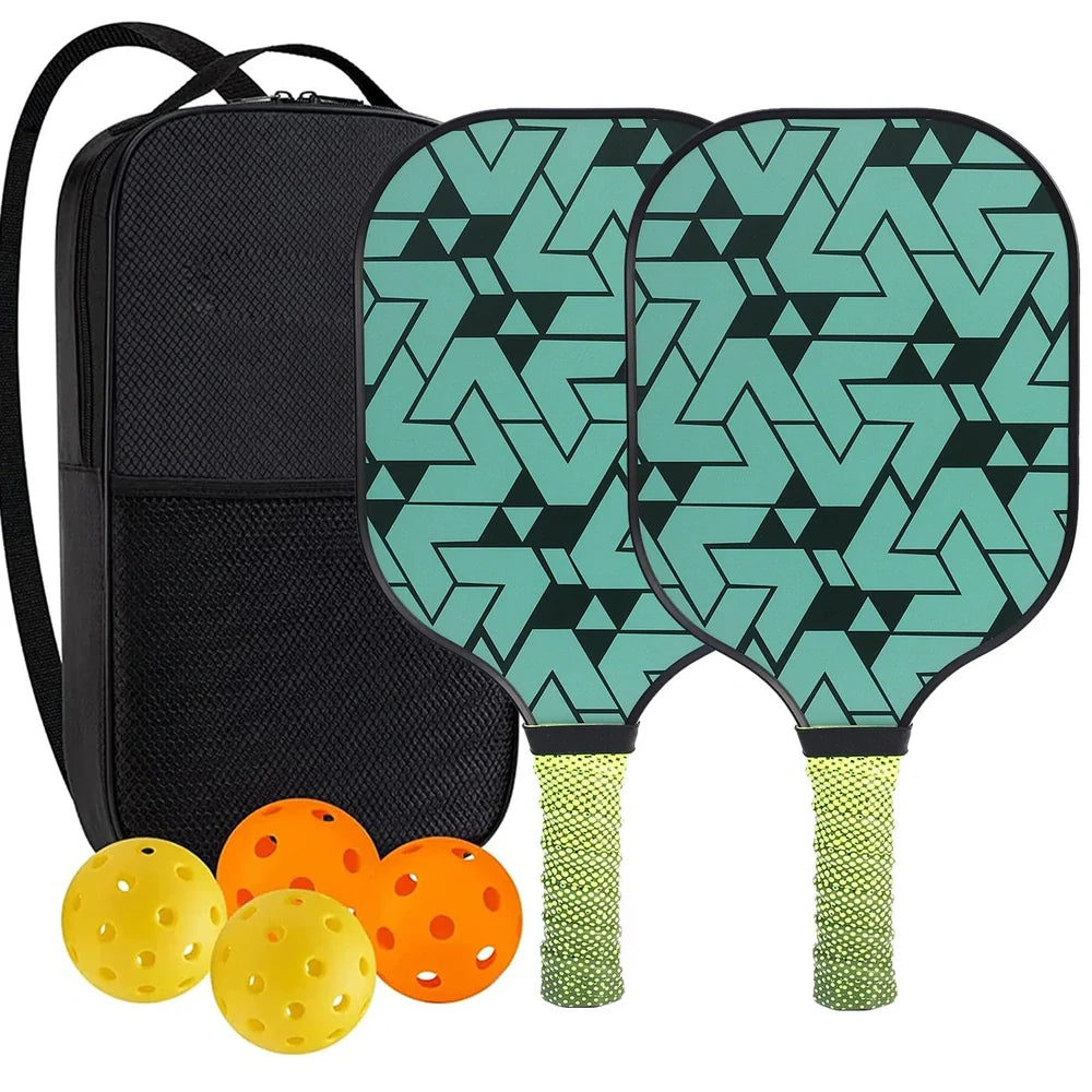 Peak Racket fibreglass squash set showing two rackets and four balls for complete playing equipment
