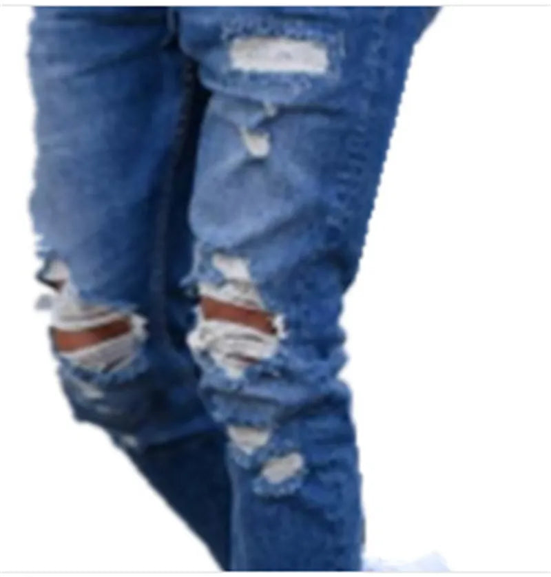 Men's distressed hole style jeans in deep blue cotton denim