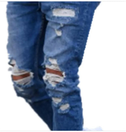 Men's distressed hole style jeans in deep blue cotton denim