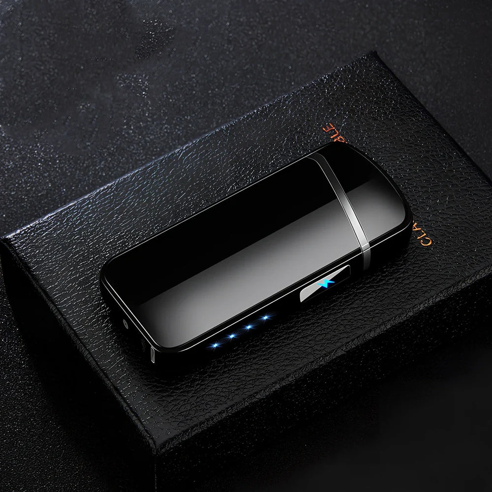 Zinc alloy charging lighter in black brushed finish, 80x35x13 mm with windproof arc and USB port