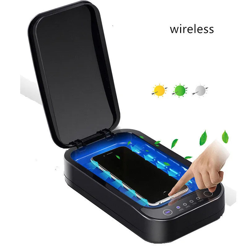Blue and white UV disinfection box for mobile phones up to 6.6 inches with 253.7nm UV-C light