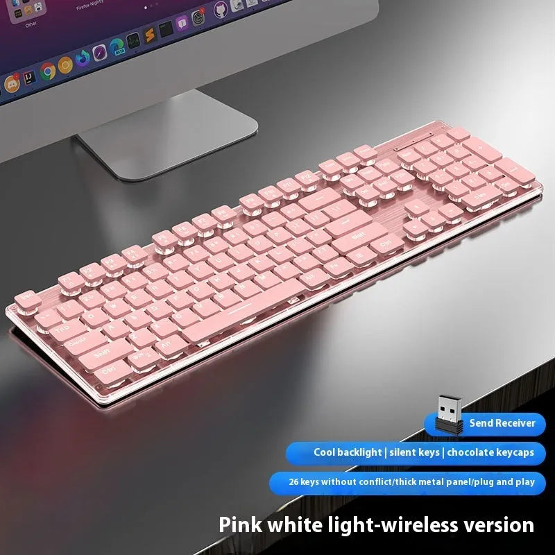 Wireless mute Bluetooth keyboard in cherry blossom pink with backlight and mute button.