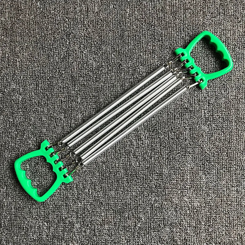 Chest expander training equipment with carbon spring and ABS plastic, shown in blue, green, and red colour options