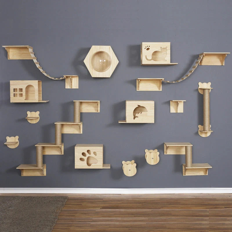 Solid wood wall-mounted cat jumping platform for pet climbing and lounging