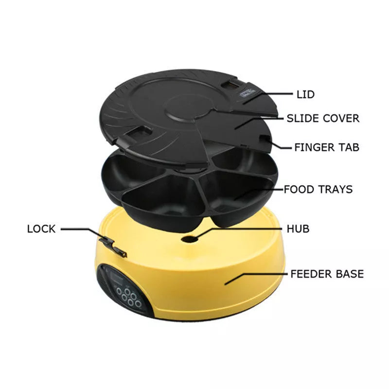 Automatic pet feeder with 6 food storage slots and voice recording feature