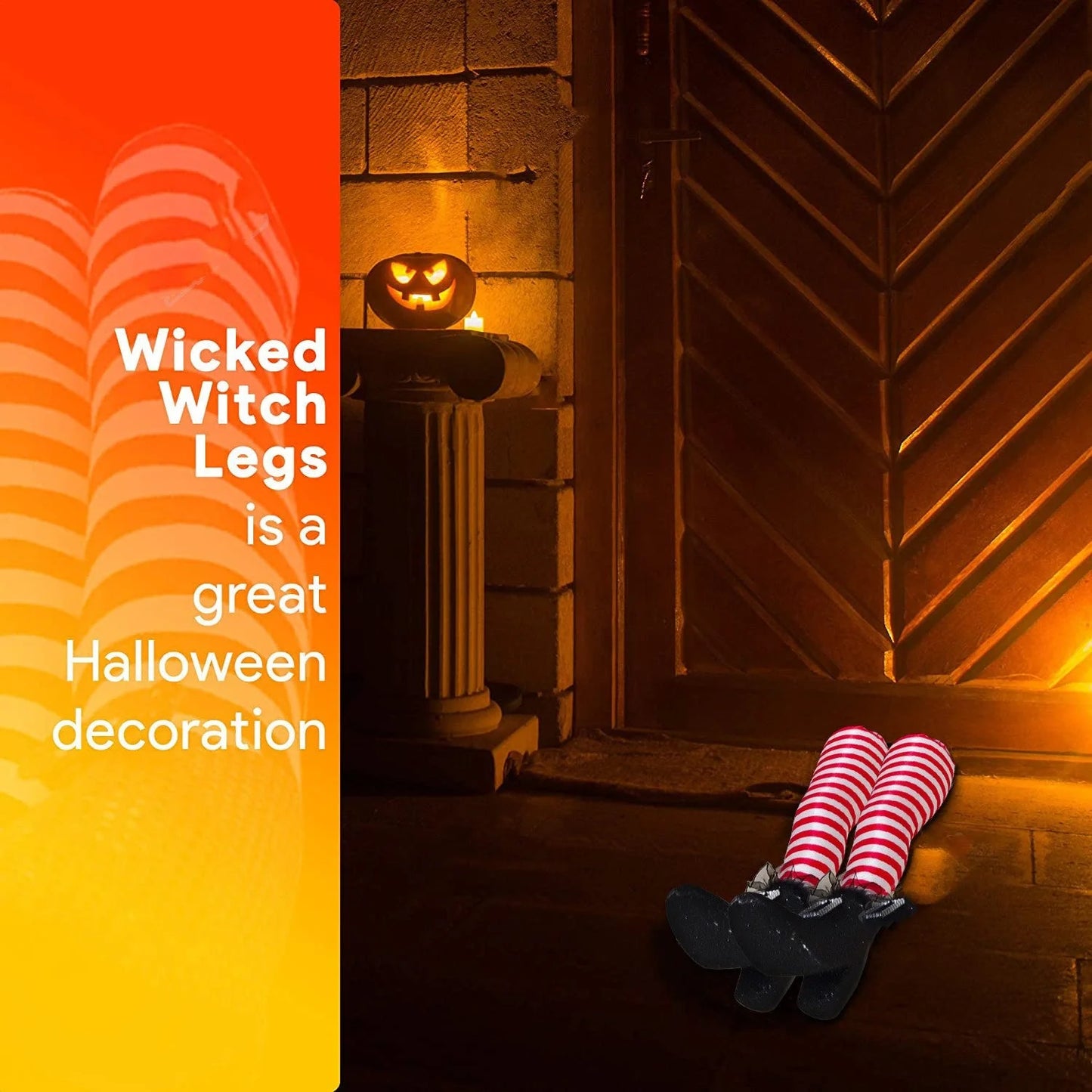 Halloween witch leg decoration with striped stockings and black boots