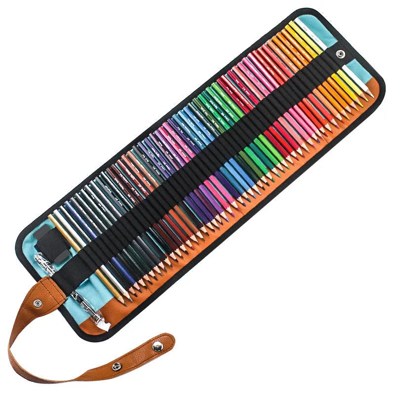 Wooden coloured pencil set with 50 basswood barrels in storage case, showing 176mm length and three core finishing options