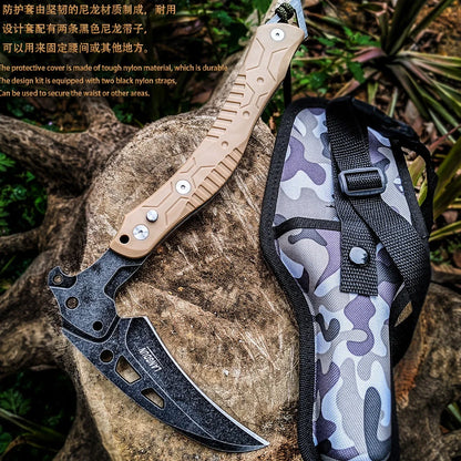 Folding outdoor axe with tool steel blade in army green, showing 35cm extended and 26cm folded positions with nylon sheath