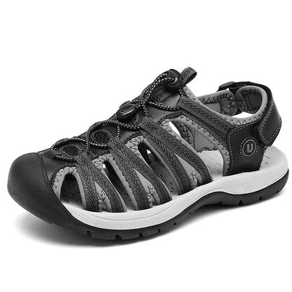 Women's black leather mesh sandals with elastic band and wide round toe box on rubber sole