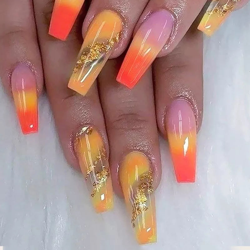 Rainbow gradient fake nails with marble pattern, long and pointed design
