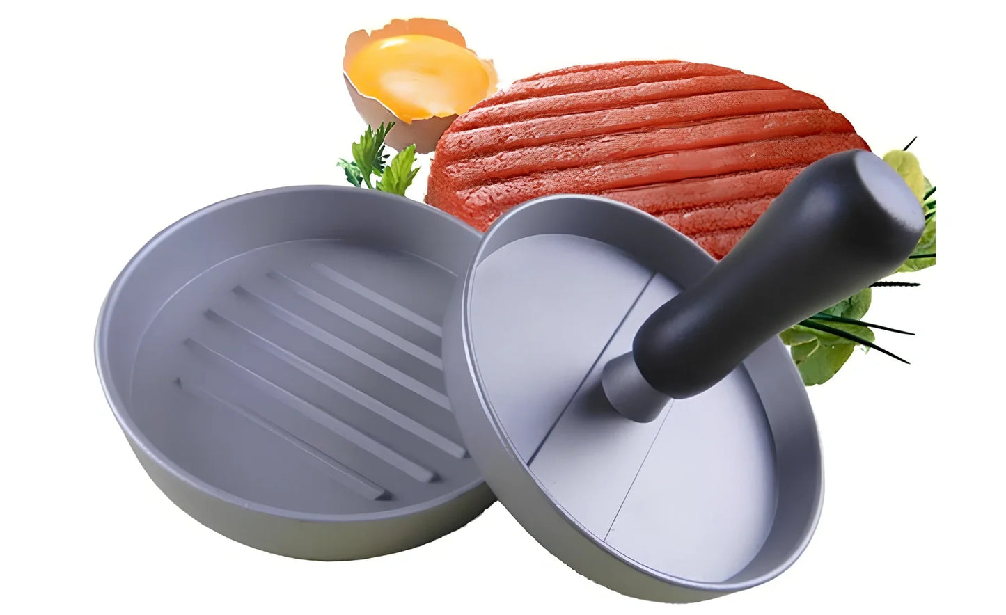 Aluminium burger press with handled plate creating 1cm thick patties on stable base