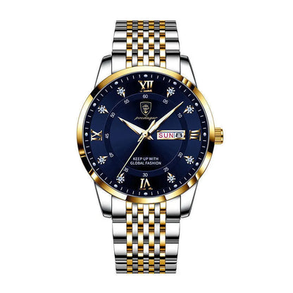 Men's Seiko quartz watch with 43mm round dial, stainless steel strap, 50m water resistance, luminous calendar, sapphire crystal glass