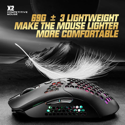 Free Wolf X2 wireless mouse with RGB lighting in black, showing symmetrical design and USB-C port