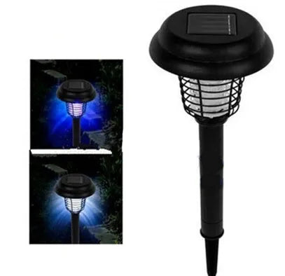 Black solar LED anti-mosquito lamp with UV bug zapper, metal grill and solar panel for outdoor garden use