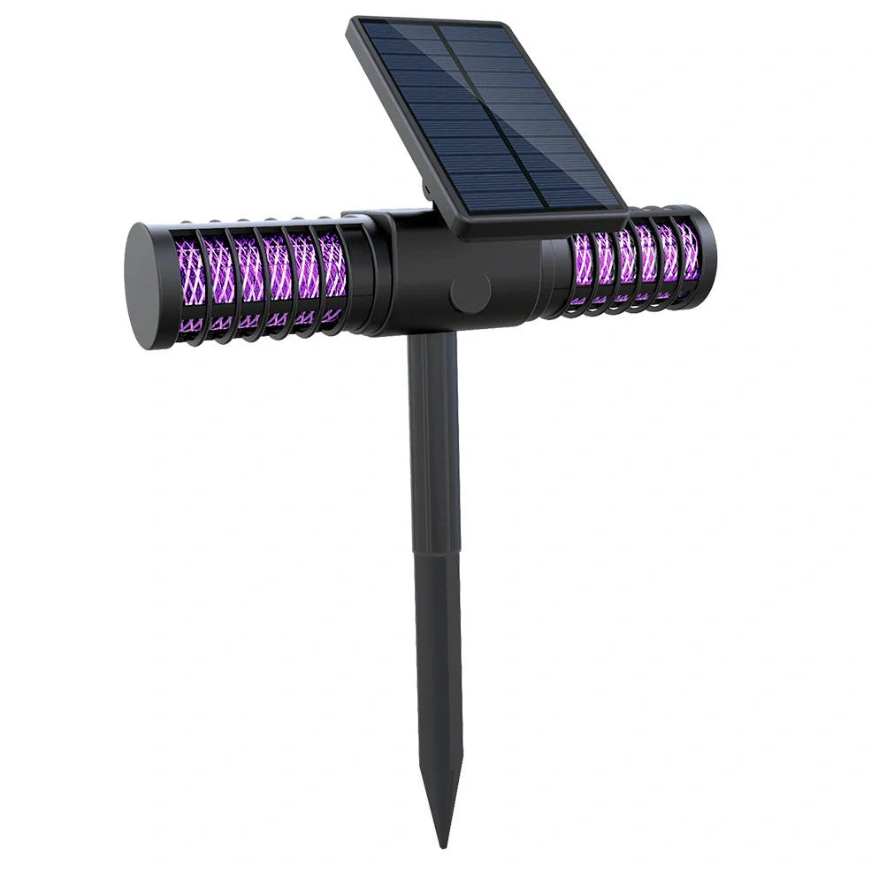 Black outdoor mosquito killer lamp with solar panel and UV LED lights for garden insect control