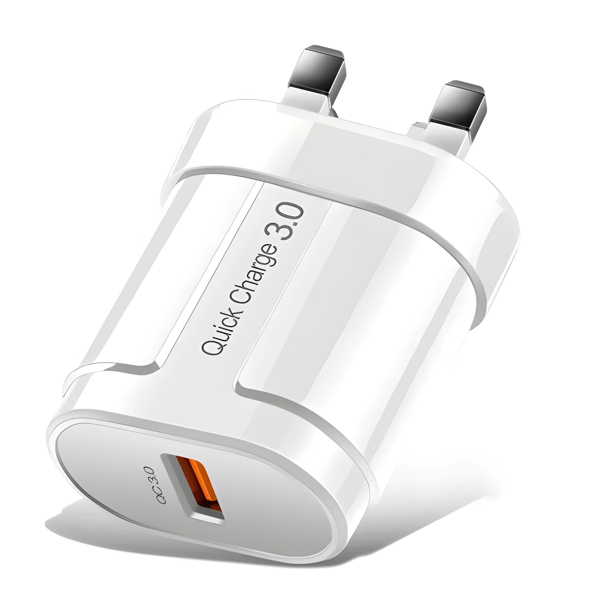 Smart mobile phone charger in black or white with compact 20mm × 40mm × 65mm dimensions showing international plug options