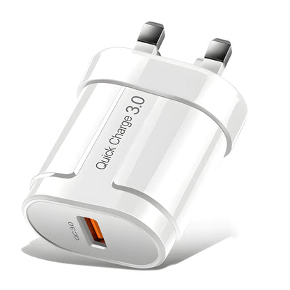 Smart mobile phone charger in black or white with compact 20mm × 40mm × 65mm dimensions showing international plug options