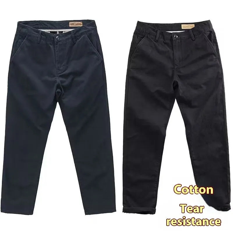 Men's slim fit casual trousers in cotton-polyester blend with straight leg, shown in multiple colour options.