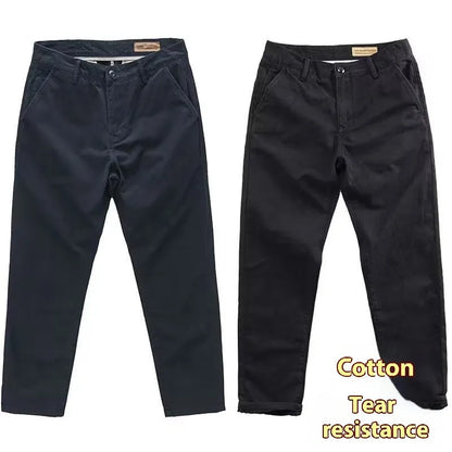 Men's slim fit casual trousers in cotton-polyester blend with straight leg, shown in multiple colour options.