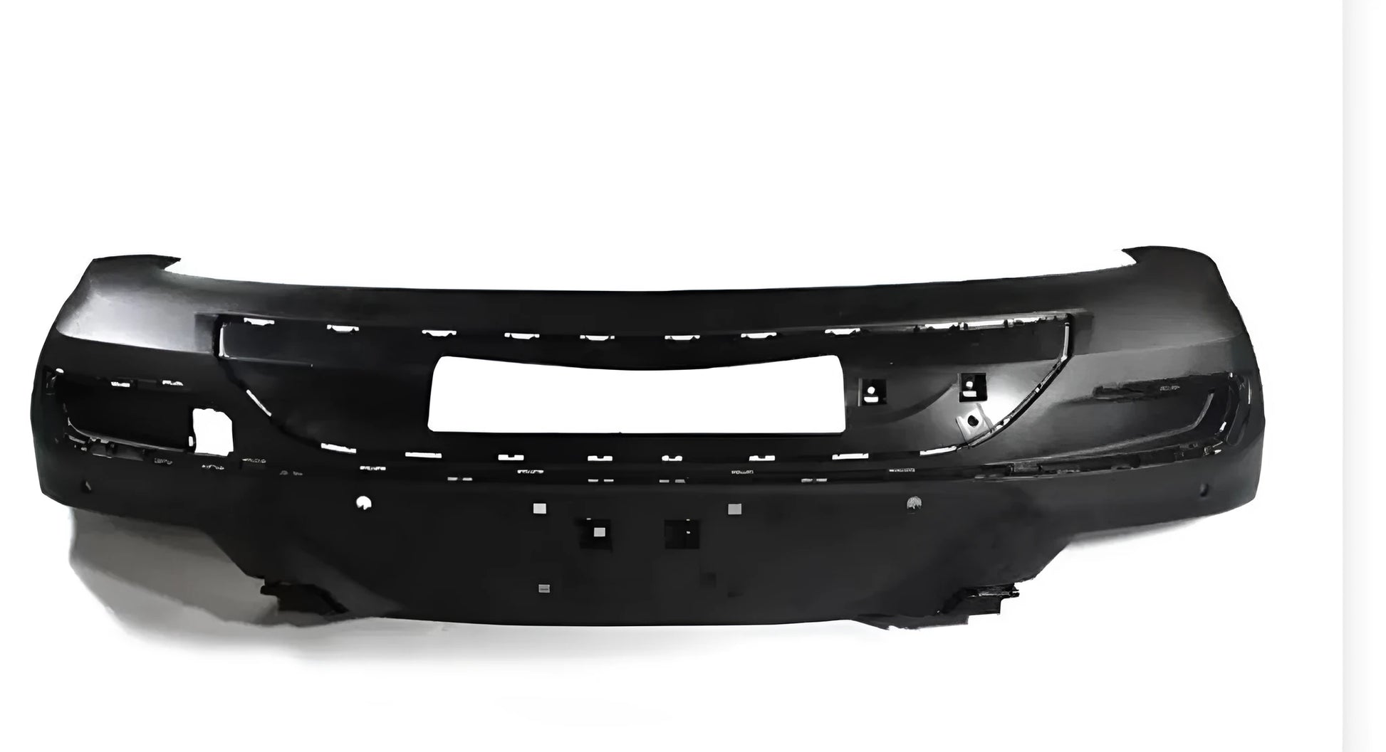 Unpainted black plastic car bumper replacement panel on a white background