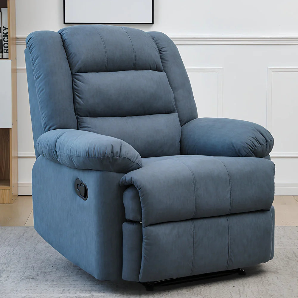 Blue single electric massage recliner with wooden frame, USB port, and 8-point vibration in reclined position