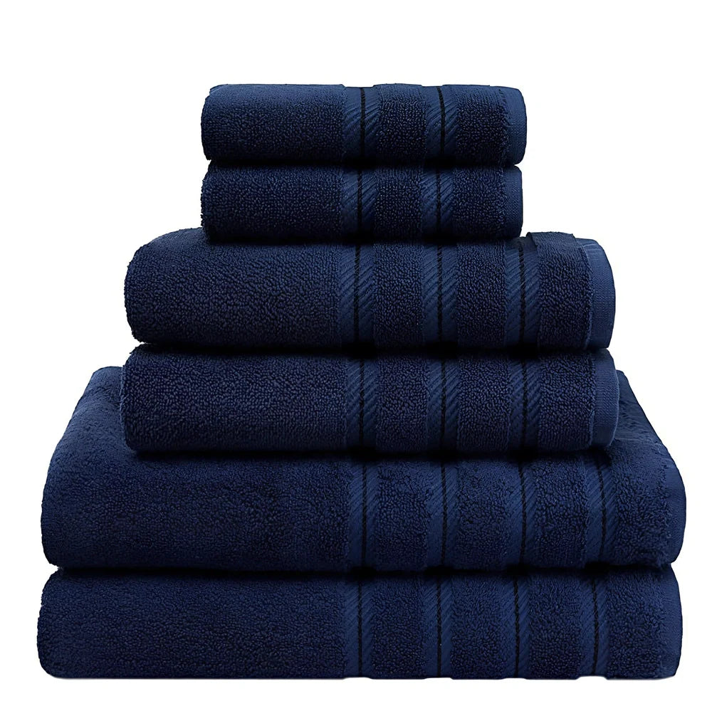 Long staple cotton towel set with three sizes: face cloth, hand towel, and bath sheet in navy blue