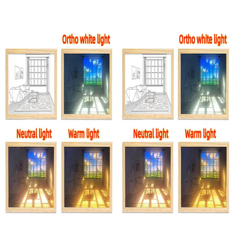 LED illuminated decorative picture light on a table showing a scenic landscape image glowing from within.