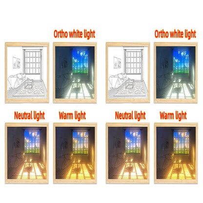 LED illuminated decorative picture light on a table showing a scenic landscape image glowing from within.