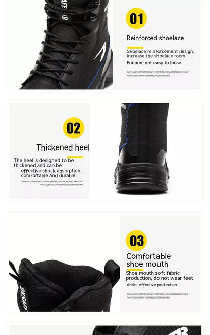 Men's black and green high-top safety shoes with steel toe cap for work protection