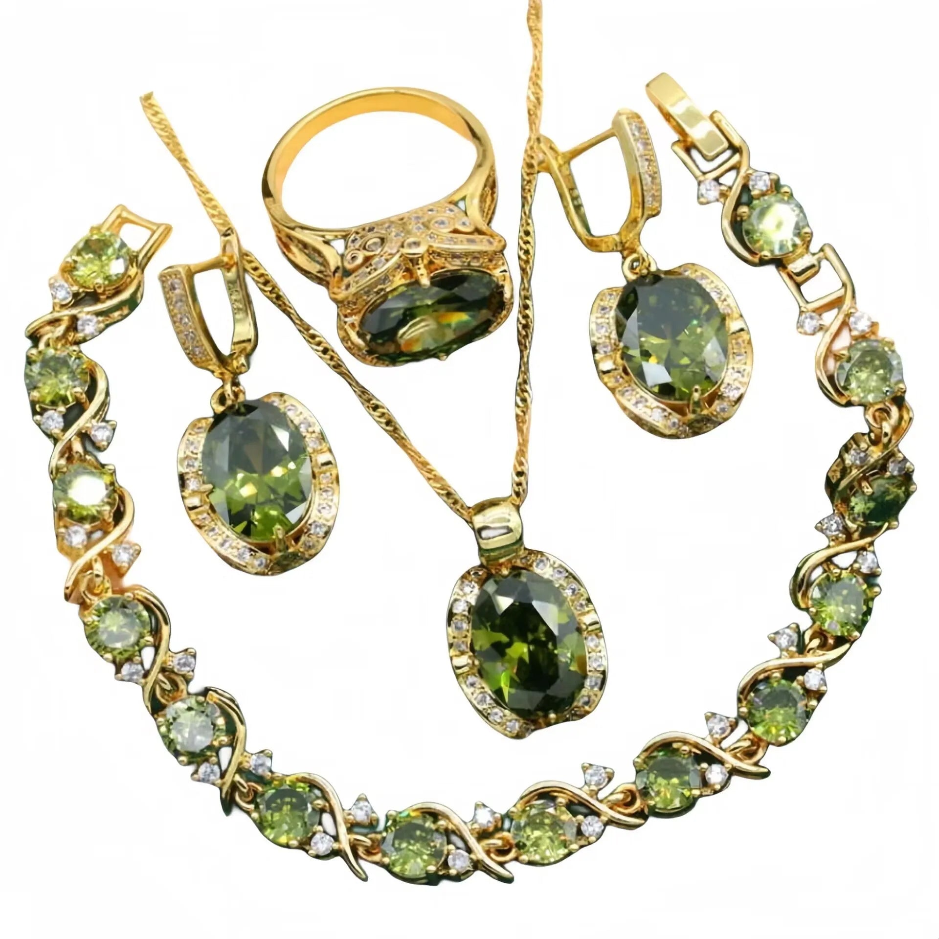 Olive green zircon jewellery suit set showing necklace with snake bone chain, matching earrings, and ring on a display.