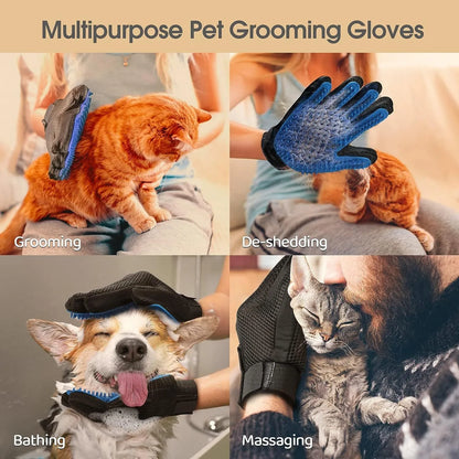 Blue pet grooming gloves with silicone tips and adjustable wrist strap for hair removal