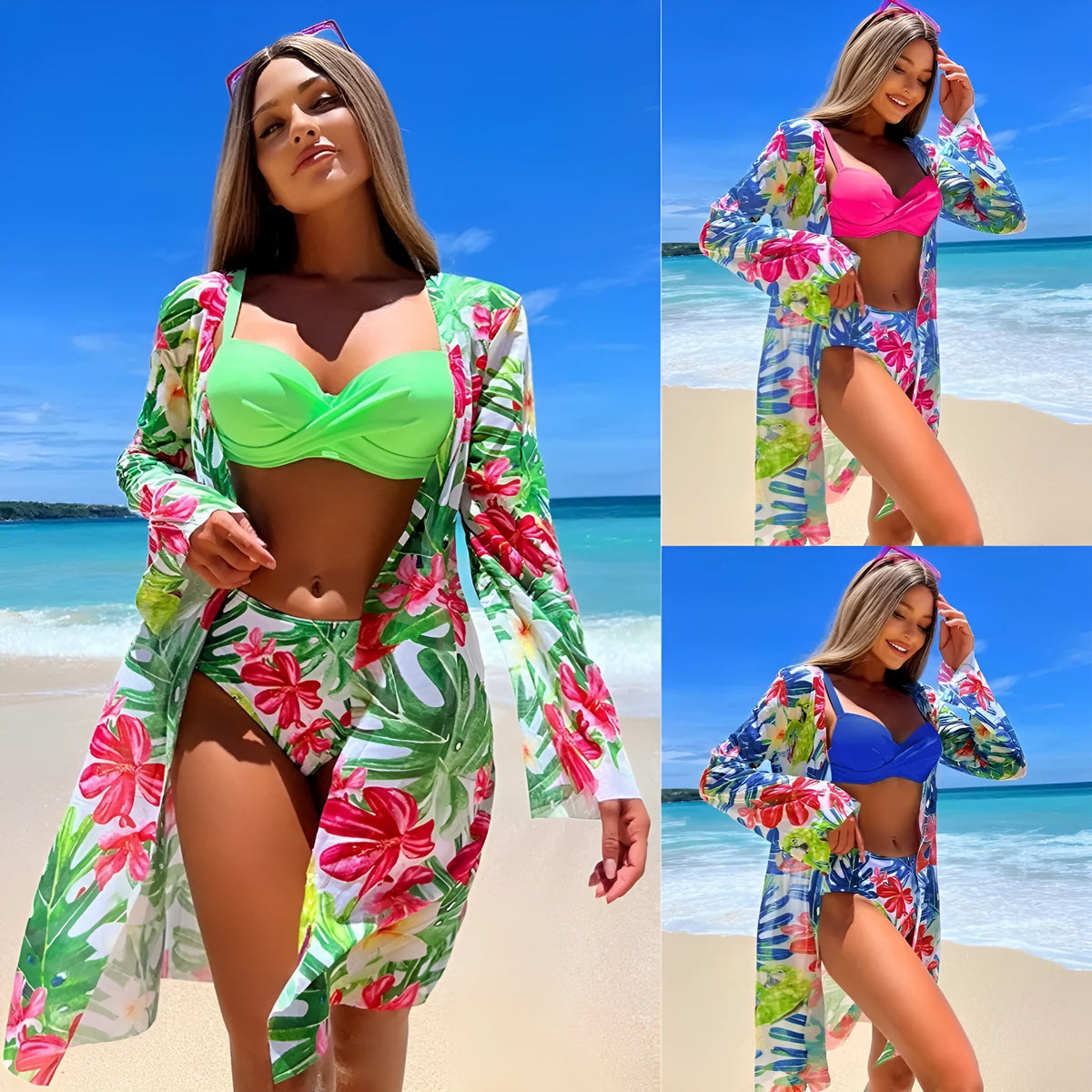 Women's three-piece printed swim set with bikini top, pants and beach blouse in green, blue or rose red.