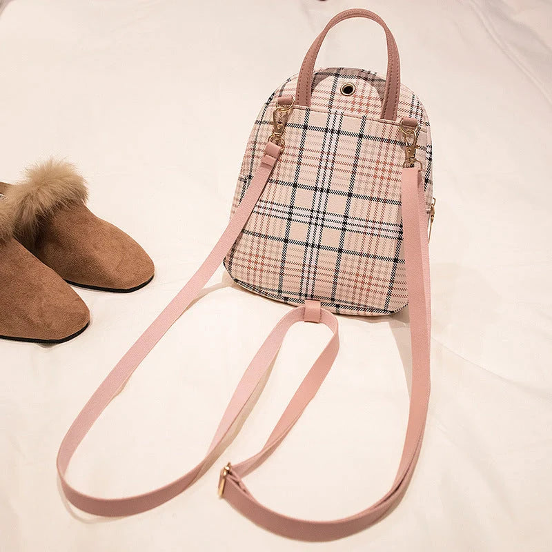 Trendy plaid small backpack for women with zipper, available in multiple colors