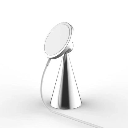 Magnetic phone stand for iPhone 12 and up, made of sleek aluminum alloy with 360-degree rotation for hands-free charging and viewing