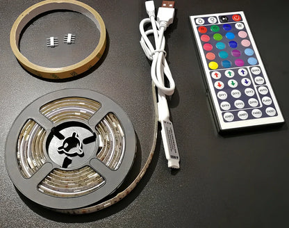 5 metre colour changing LED strip with remote control showing multiple colour options