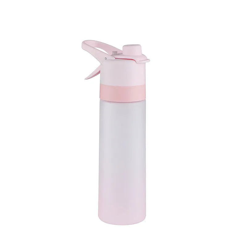 Large plastic spray water bottle with handle strap and leakproof lid in green colour.