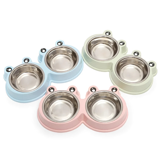 Stainless steel double pet bowl set with frog dish in blue, green, or pink.
