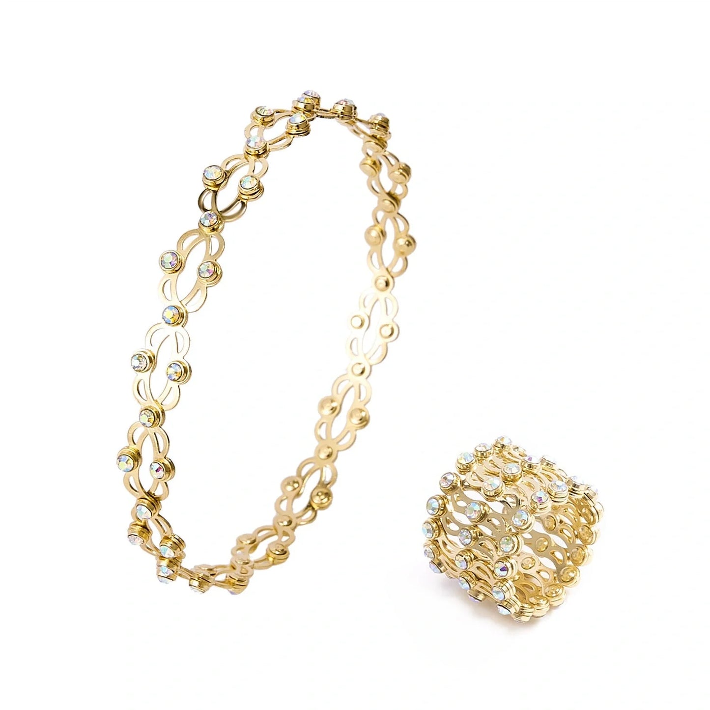 Adjustable 2-in-1 folding rings bracelet with rhinestones for women in various colors