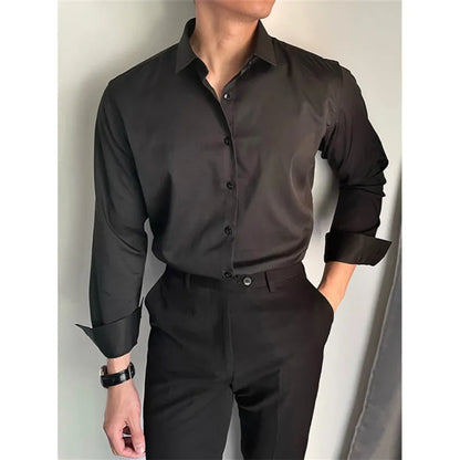 Men's slim fit long sleeve casual shirt in a solid colour, shown in a cardigan style.