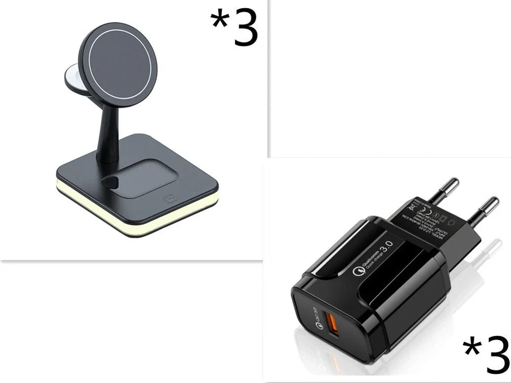 Black three-in-one wireless charger magnetic bracket on a desk charging multiple devices