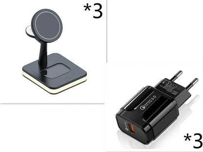 Black three-in-one wireless charger magnetic bracket on a desk charging multiple devices