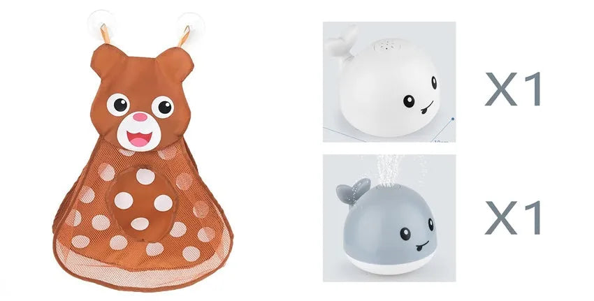 Automatic water-spraying whale bath toy with colourful lights floating in bath water.