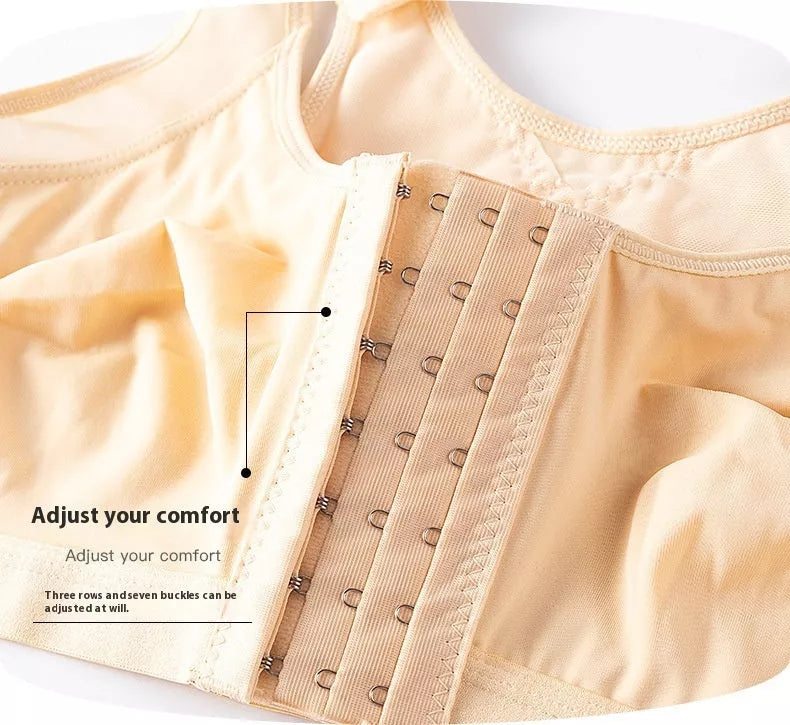 Plus-size front buckle sports bra in white, black, and apricot