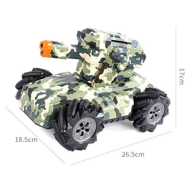 Black and yellow remote control armoured assault vehicle on rocky terrain with dimensions 26.5cm long
