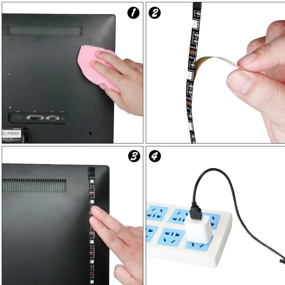 5 metre colour changing LED strip with remote control showing multiple colour options